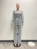 Solid Color Loose Lantern Sleeves Wide Leg Pants Fashion Casual Suit