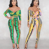 Fashion Sexy V-Neck Slim Fit Off-the-Shoulder Print Two-piece Set