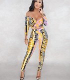 Fashion Sexy V-Neck Slim Fit Off-the-Shoulder Print Two-piece Set