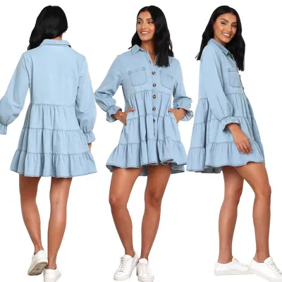 Casual Loose Single Breasted Cardigan Lapel Long Sleeve Dress