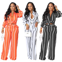 Contrast Stripe Print Long-sleeved Shirt Wide-leg Trousers Two-piece