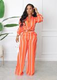 Contrast Stripe Print Long-sleeved Shirt Wide-leg Trousers Two-piece