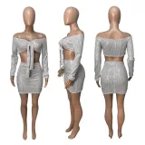 Autumn And Winter One-shoulder Long-sleeved Sequin Sexy Two-piece Suit