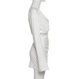 Fashionable Sexy V-Neck Long Sleeve Pleated Slim Dress