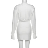 Fashionable Sexy V-Neck Long Sleeve Pleated Slim Dress