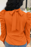 Solid Color Stand Collar Puff Sleeve Tie Back Top