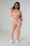 Fashion Solid Color Slim Fit Long Sleeve Show Navel Two-piece Set