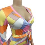 Fashion Ladies Print V-Neck Lace-Up Dress