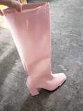Square Toe Chunky Shiny Leather High Heel Boots