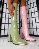 Square Toe Chunky Shiny Leather High Heel Boots