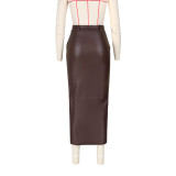 Solid Color Fashion Elastic Split Leather Skirt