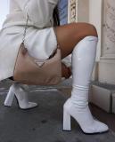 Square Toe Chunky Shiny Leather High Heel Boots