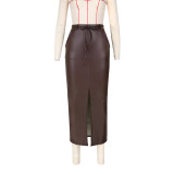 Solid Color Fashion Elastic Split Leather Skirt
