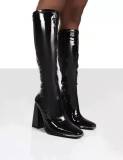 Square Toe Chunky Shiny Leather High Heel Boots