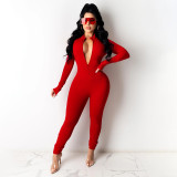 Solid Color Zipper Sexy Jumpsuit