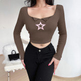 Knit Square Neck Star Print Long Sleeve Top