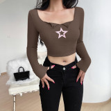 Knit Square Neck Star Print Long Sleeve Top