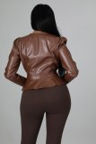 Long Sleeve V-Neck Button Fashion Pu Leather Jacket