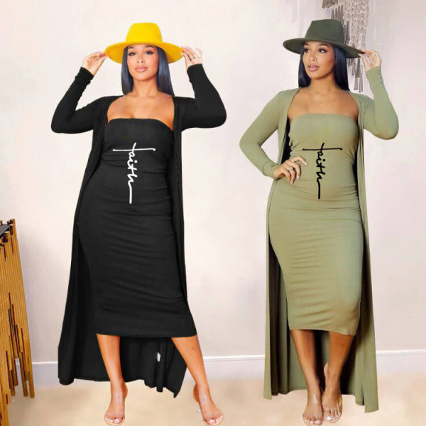 New Long-sleeved Coat, Long Skirt, Solid Color Two-piece Set