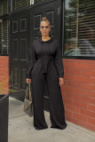 Sexy Solid Color Pleated Casual Long Sleeve Wide Leg Two Piece Set