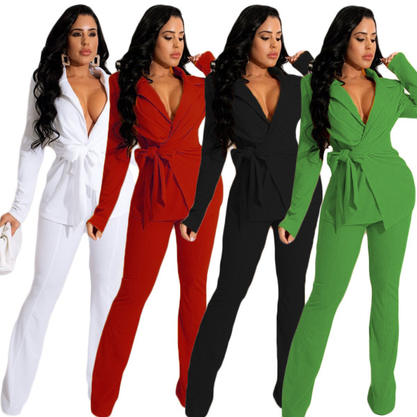 Solid Color V-Neck Sexy Fashion Women's Two-piece Set