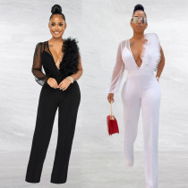 Sexy Mesh Gauze Perspective Deep V Jumpsuit