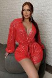 Autumn And Winter V-neck Sequined Lantern Sleeves Nightclub Sexy Jumpsuit