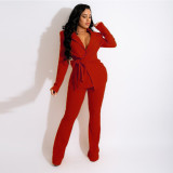 Solid Color V-Neck Sexy Fashion Women's Two-piece Set