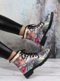 Flat Low Heel Round Toe Colorblock Pattern Lace-Up Short Boots for Women