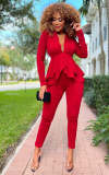 Solid Color Ruffled Deep V Top And Trousers Two-piece Set