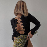 Fashion Lace Up Sexy Cutout Long Sleeve Bodysuit