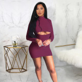 Fashion Solid Color Hollow High Neck Package Hip Dress
