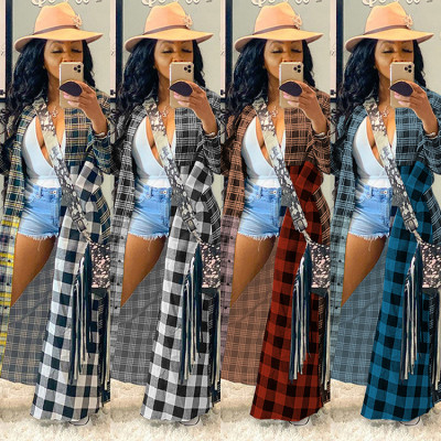 Fashion Casual Colorblock Long Plaid Jacket Shirt