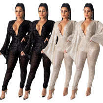 Sexy V-Neck Sequined Wide Sleeve Jumpsuit