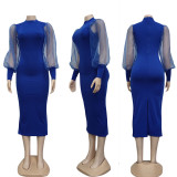 Net Yarn Perspective Lantern Sleeve Hip Dress