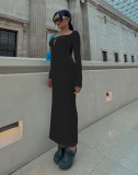 Personality Pit Strip Solid Color Long Sleeve Dress