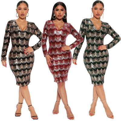 Sexy Deep V Long Sleeve Sequin Pack Hip Slim Dress