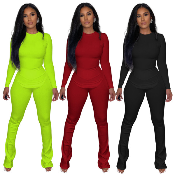 Casual Solid Color Pit Strip Flared Pants Two-piece Set