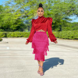 Autumn And Winter High-neck Puff Sleeve Crop Top Fringed Skirt Two-piece Set