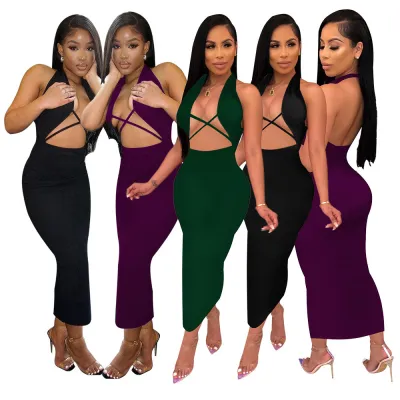 Nightclub Sexy Exposed Chest Sleeveless Halterneck Dress
