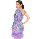 Fashion Sexy Bag Hip Sequin One Shoulder Dress