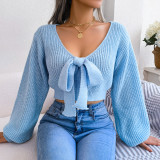 Fashion Bow V-neck Lantern Sleeve Navel Sweater