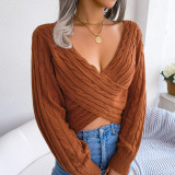 Sexy Cross V-neck Twist Long-sleeved Navel Sweater