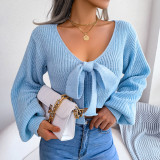 Fashion Bow V-neck Lantern Sleeve Navel Sweater