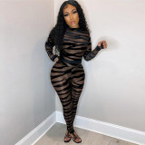 Sexy Mesh Flocked See-through Splicing Black Jumpsuit