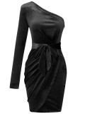 Fashion Solid Color Sloping Shoulder Waist Dress