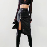 Fashion High Waist PU Personality Irregular Zipper Half-body Skirt