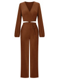 Autumn And Winter New Casual Solid Color V-neck Pants Suit