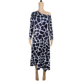 Fashion Giraffe Print Slash Shoulder Long Sleeve Dress