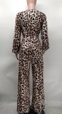 Fashion Leopard Print Wide Leg Pants Long Sleeve Two-piece Suit